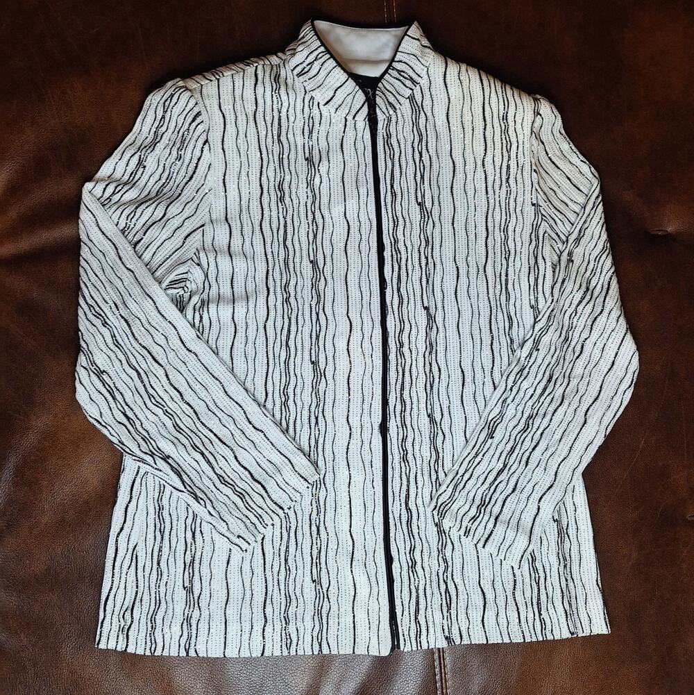 Alex Evenings MP Petite Glitter Metallic Zip Up Jacket White Black Sparkle NWOT